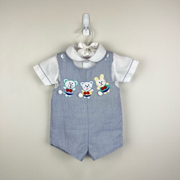 Vintage Two Piece Bunny Bear Shortall Romper 6-9 Months - Picture 1 of 10